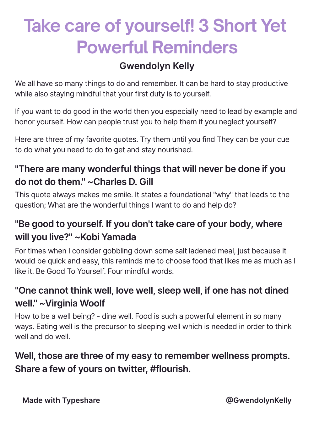 Take care of yourself! 3 short powerful reminders * Gwendolyn Kelly